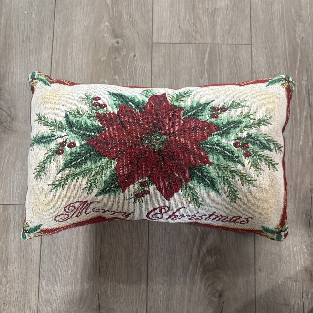 Luxury Christmas Poinsettia Tapestry Needlepoint Pillow Pine Berries Mistletoe‎